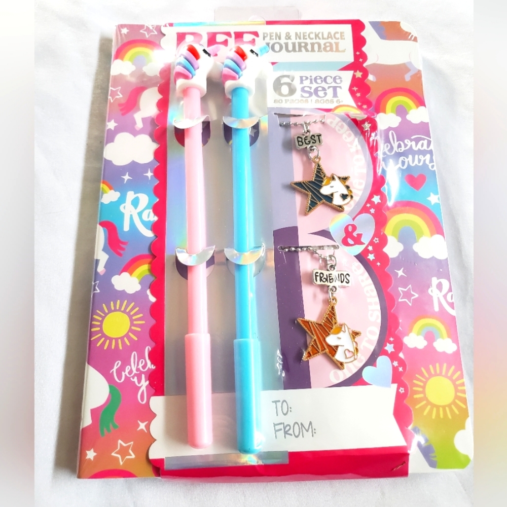 Best Friends Unicorn Rainbow Pen and Necklace Journal Set